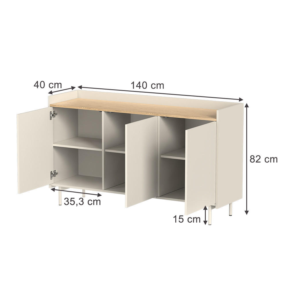 KOMMODE Velina Creme 140 x 82 cm mit 6 Fächern - Eichefarben/Creme, Holzwerkstoff (140/82/40cm) - Vicco