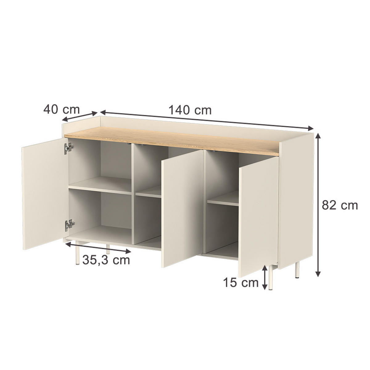 KOMMODE Velina Creme 140 x 82 cm mit 6 Fächern - Eichefarben/Creme, Holzwerkstoff (140/82/40cm) - Vicco
