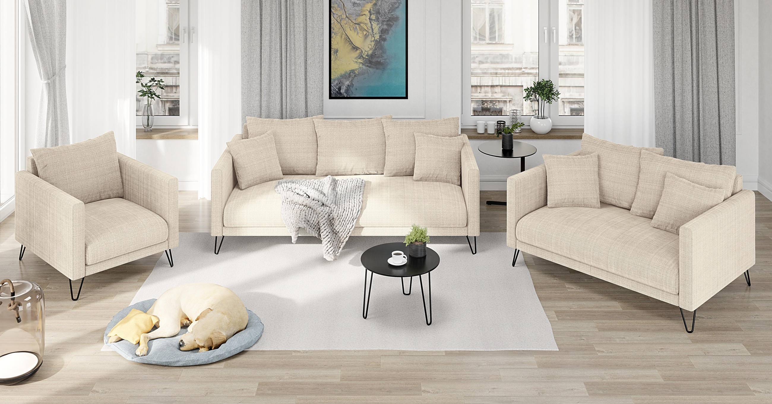 SITZGARNITUR 3+2+1 Harmony Beige Chenille - Beige/Schwarz, Holz/Textil (200/85/100cm) - S-Style Möbel