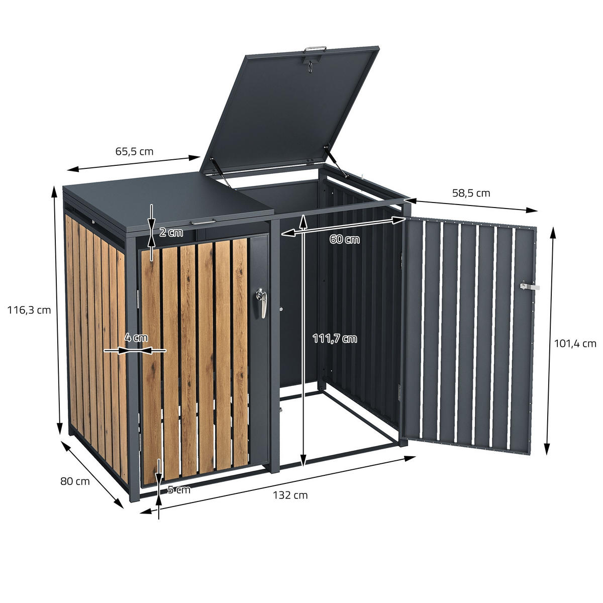 MÜLLTONNENBOX 3er Anthrazit-Eichenoptik - Graubraun, Metall (80/116.3/200cm) - ML-DESIGN