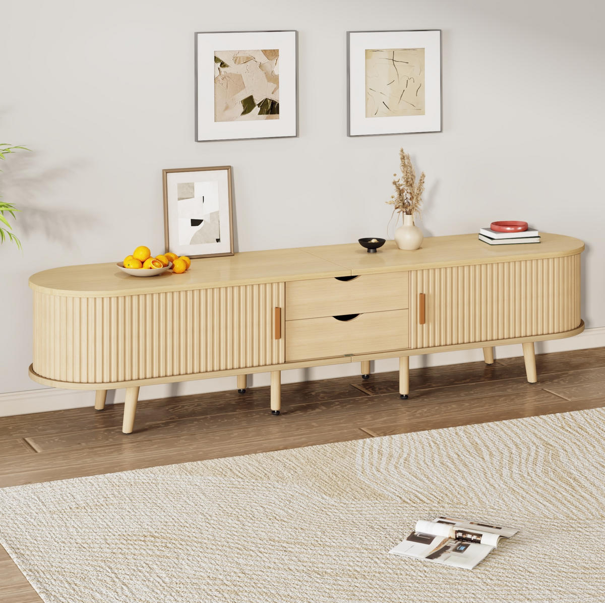 TV-SCHRANK in heller Walnussoptik, oval mit 2 Schubladen 175/40/42 cm - Eichefarben, Holzwerkstoff (175/42/40cm) - Redom