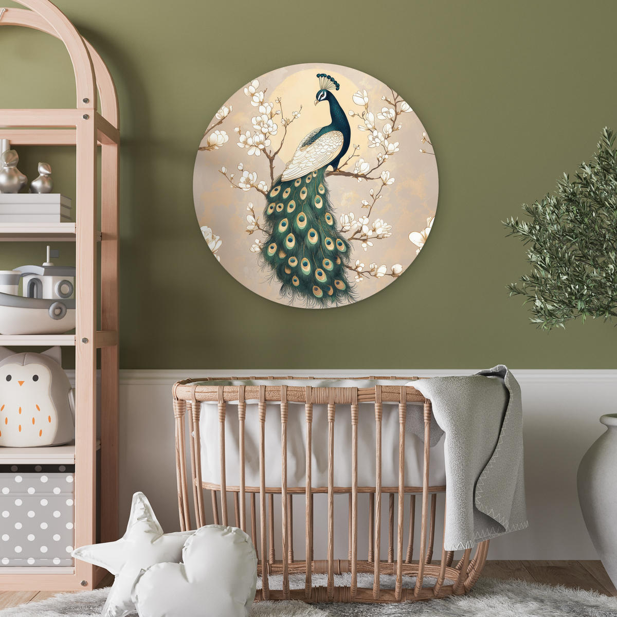 WANDBILD Pfau - Zweig - Blumen 60x60 cm - Champagner, Kunststoff (60/60cm) - MuchoWow
