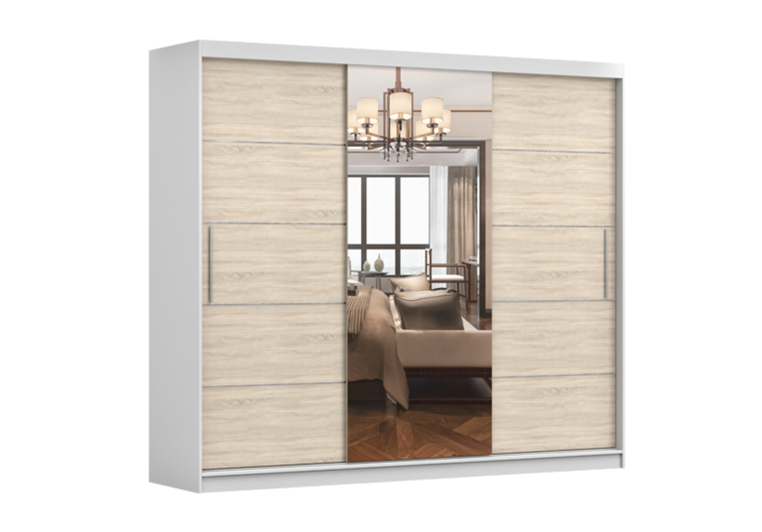 SCHIEBETÜRENSCHRANK - ELBA I Weiß + Sonoma - Weiß/Sonoma Eiche, Holzwerkstoff/Metall (250/218/61cm) - Möblo