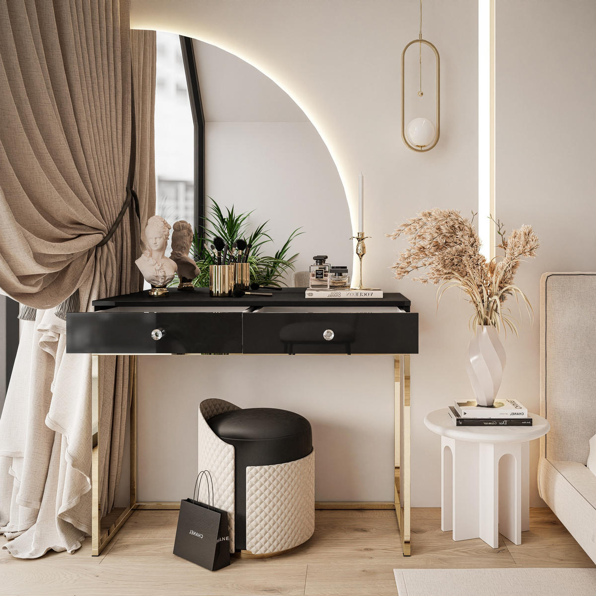 SCHMINKTISCH schwarz QUINNIE mit LED-Spiegel gold Chrom rechts Griff Kristall - Goldfarben/Schwarz, Holzwerkstoff (100/176/42cm) - Lookway