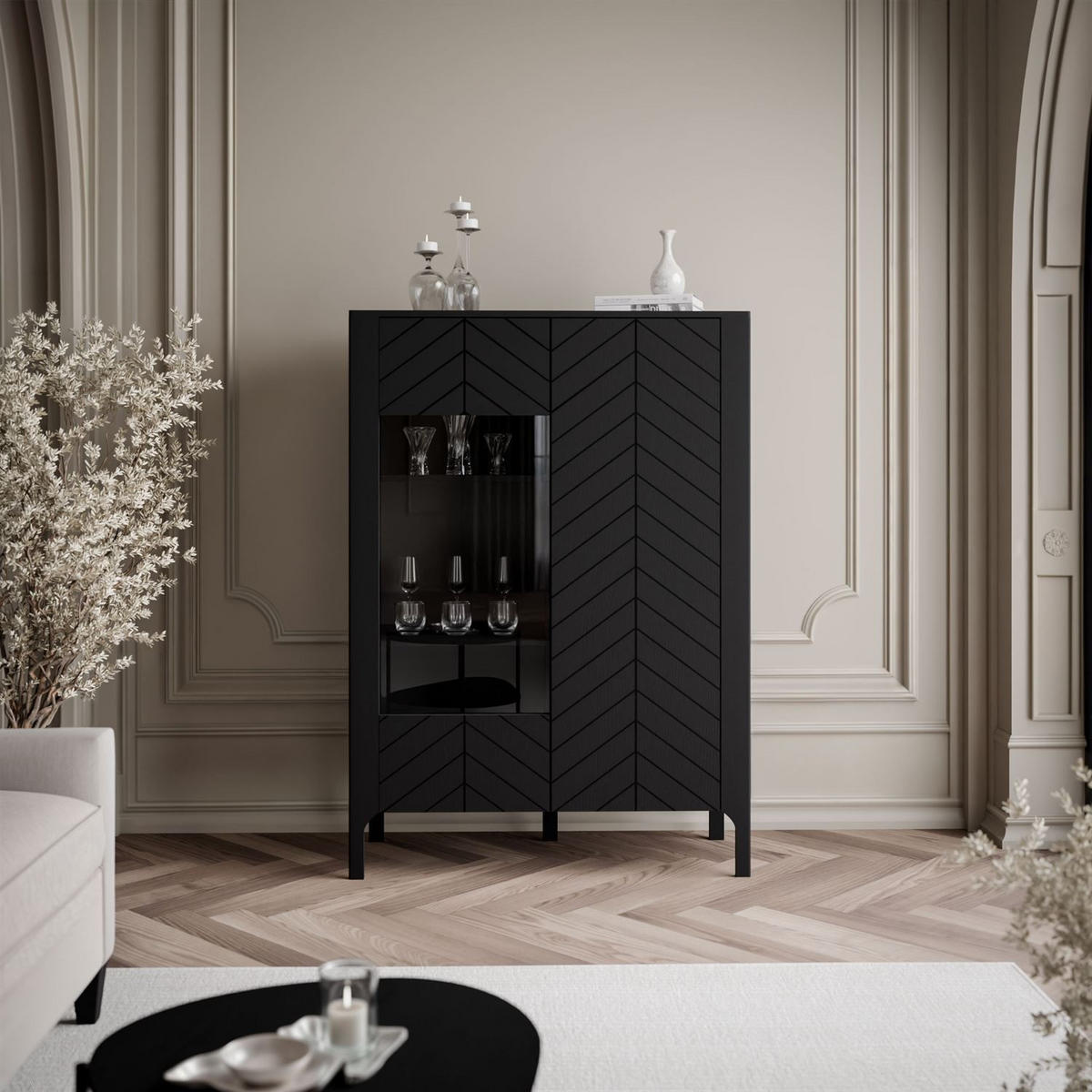 GLASVITRINE LUMI, Schwarz - Schwarz, Holzwerkstoff (103/130/41cm) - Lookway