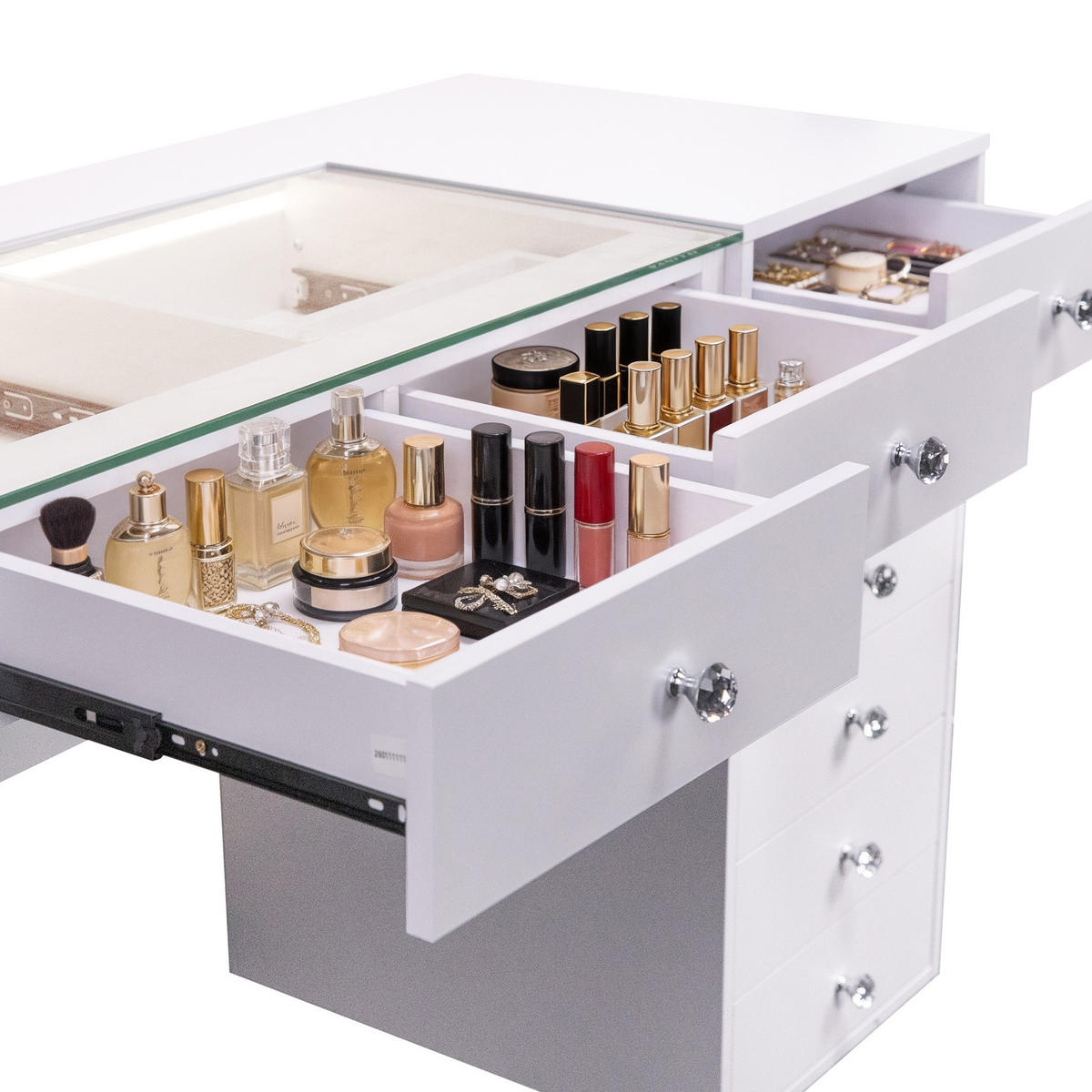 SCHMINKTISCH mit 8 Schubladen 120/55/81 CM und LED Beleuchtung Schminkspiegel Lichtleiste weiß 80/58 cm - Weiß, Holz (55/81/120cm) - VANITII
