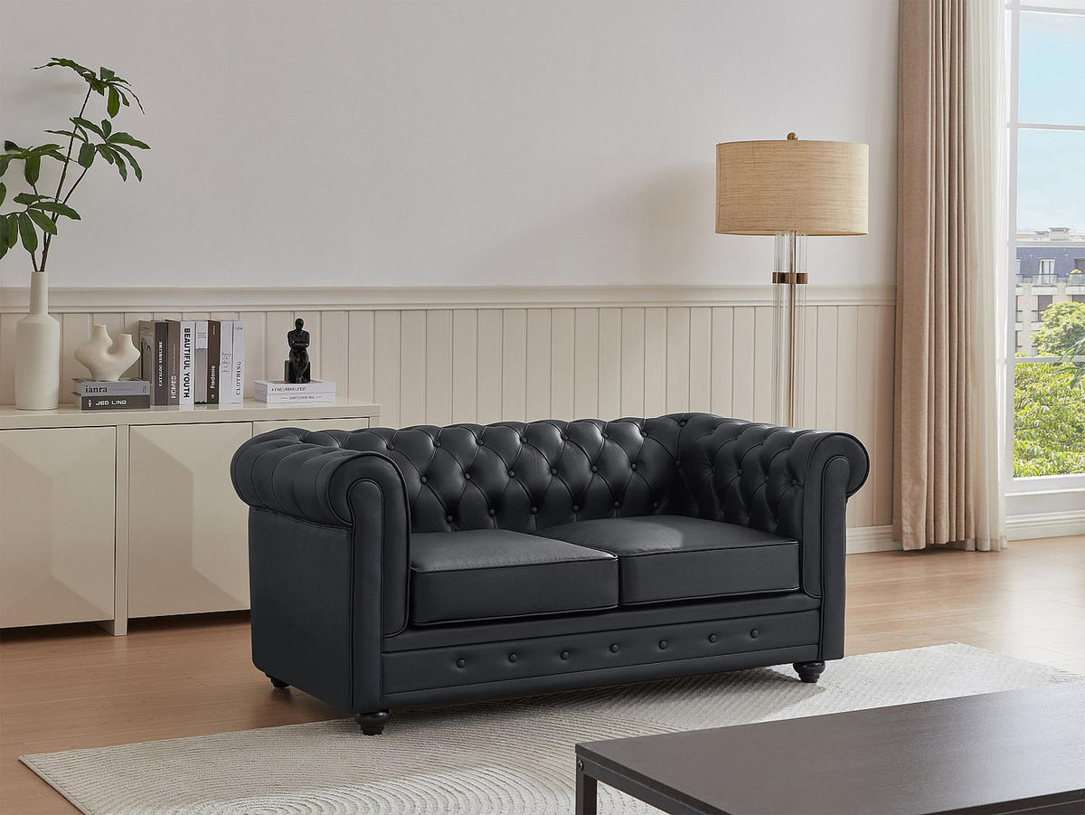 LEDERSOFA 2-Sitzer - Büffelleder - Schwarz - CHESTERFIELD - Schwarz, Leder (165/72/88cm) - Vente-Unique