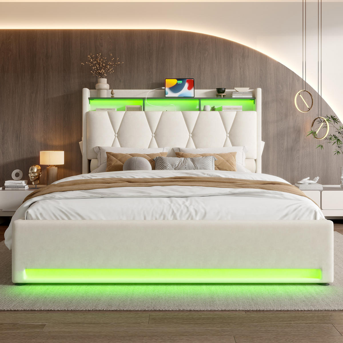 POLSTERBETT 160/200 cm in Beige Samt mit Bettkasten, LED und USB, Type-C - Beige, Holzwerkstoff/Textil (160/200cm) - WISHDOR