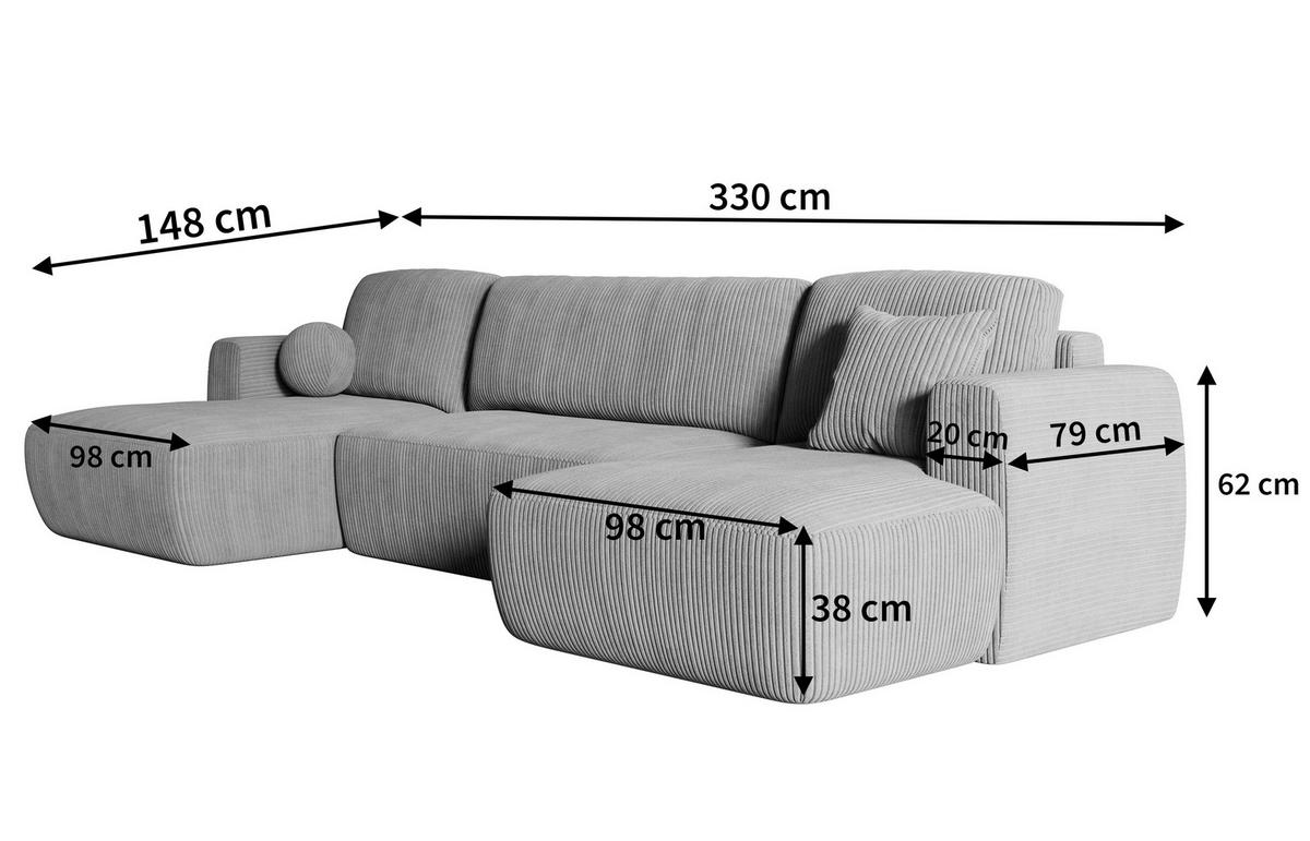WOHNLANDSCHAFT SENTUM P Graphitfarben Kordstoff mit Schlaffunktion - Graphitfarben, Holz (330/90/148cm) - MASSENO