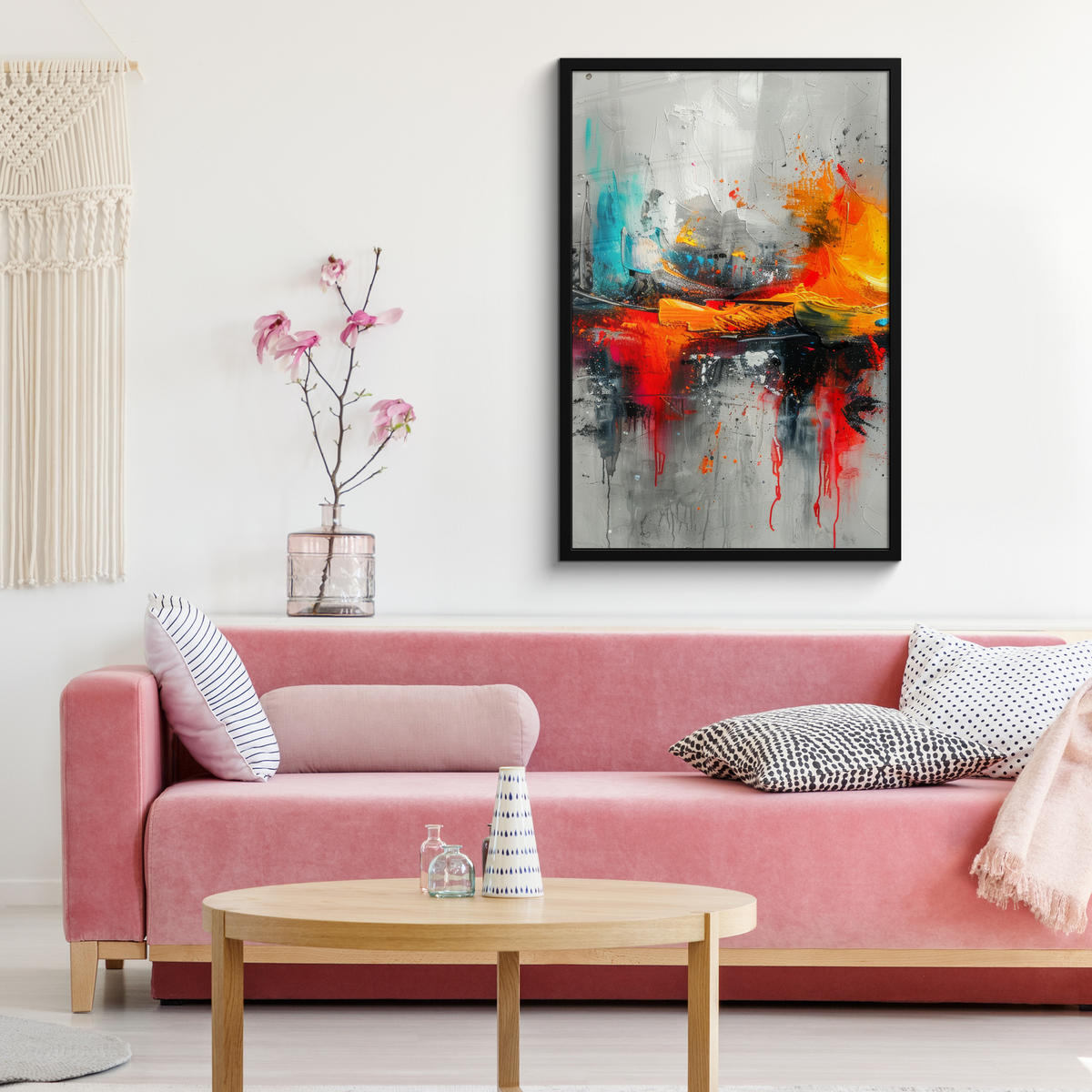 POSTER MIT RAHMEN Moderne Kunst - Orange - Grau - Abstrakt 60x90 cm - Hellgrau, Papier (60/90cm) - MuchoWow