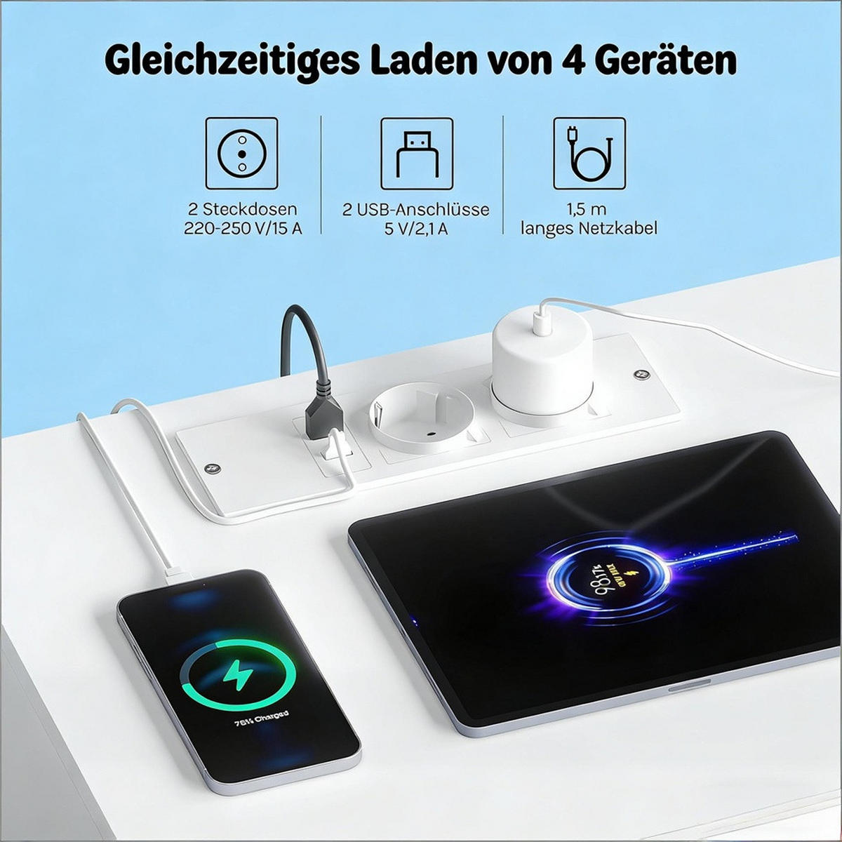 NACHTTISCH Weiß mit Steckdosen und USB-Anschlüssen - Nachtschrank mit LED-Beleuchtung mit 2 Schubladen - Weiß, Holzwerkstoff (40/55/35cm) - DELFA