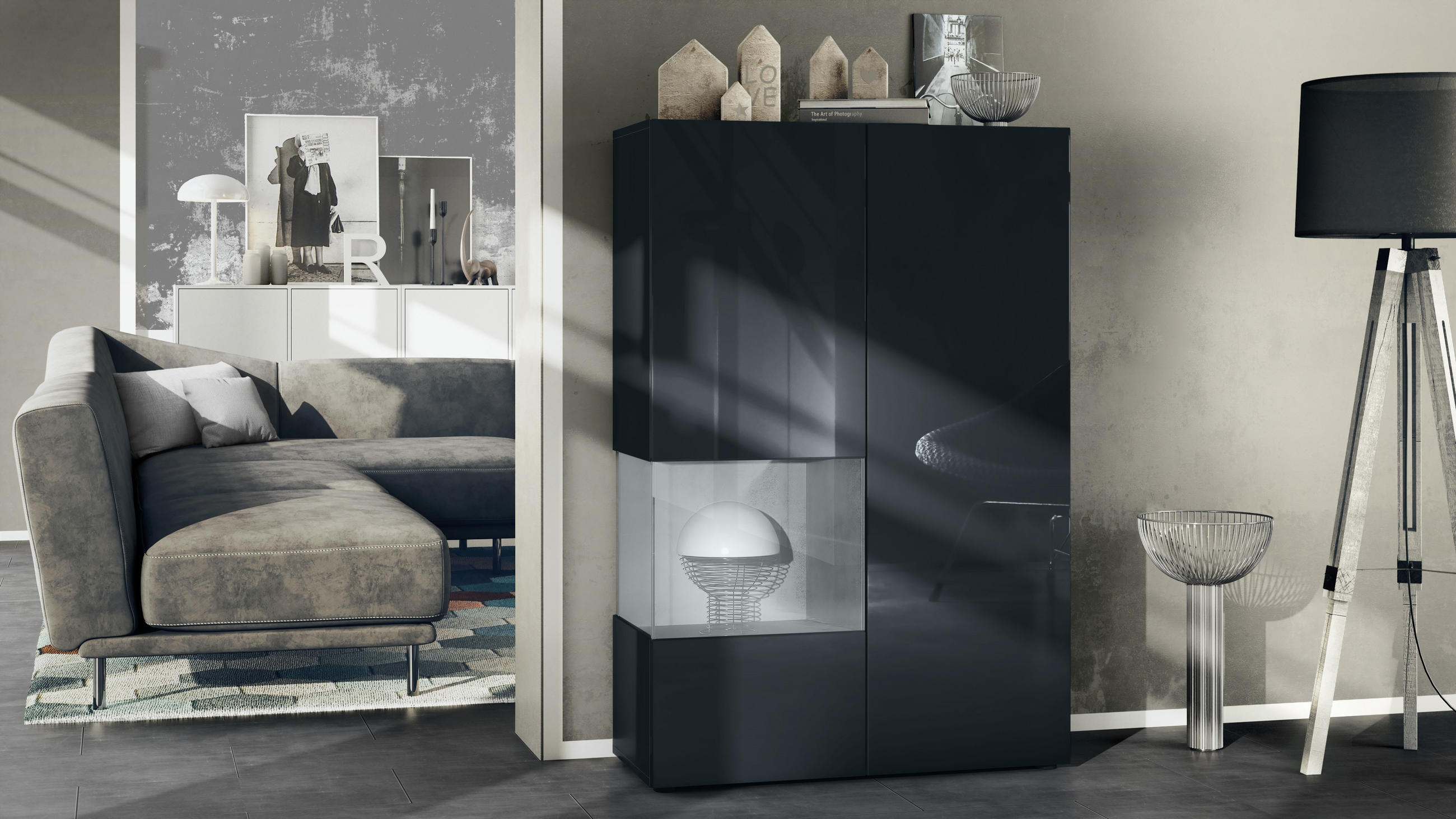 VITRINE Morena Einsatz in Beton Oxid Optik - Hellgrau, Holzwerkstoff (91.5/136.5/37cm) - Vladon