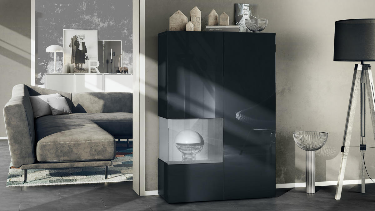 VITRINE Morena Einsatz in Beton Oxid Optik - Hellgrau, Holzwerkstoff (91.5/136.5/37cm) - Vladon