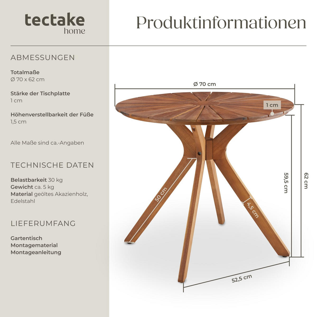 GARTENTISCH Pollensa, 70 x 70 x 62 cm, braun - Braun, Holz (70/70/62cm) - tectake