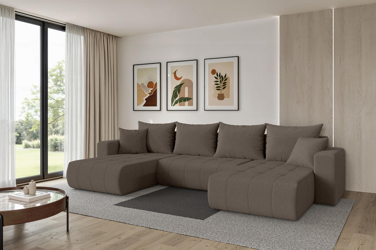 SEDACÍ SOUPRAVA DO U s funkcí spaní a úložným prostorem MILA-U 378x194x86 hnědá bouclé - černá/hnědá, kompozitní dřevo/textil (378/86/194cm) - ALTDECOR