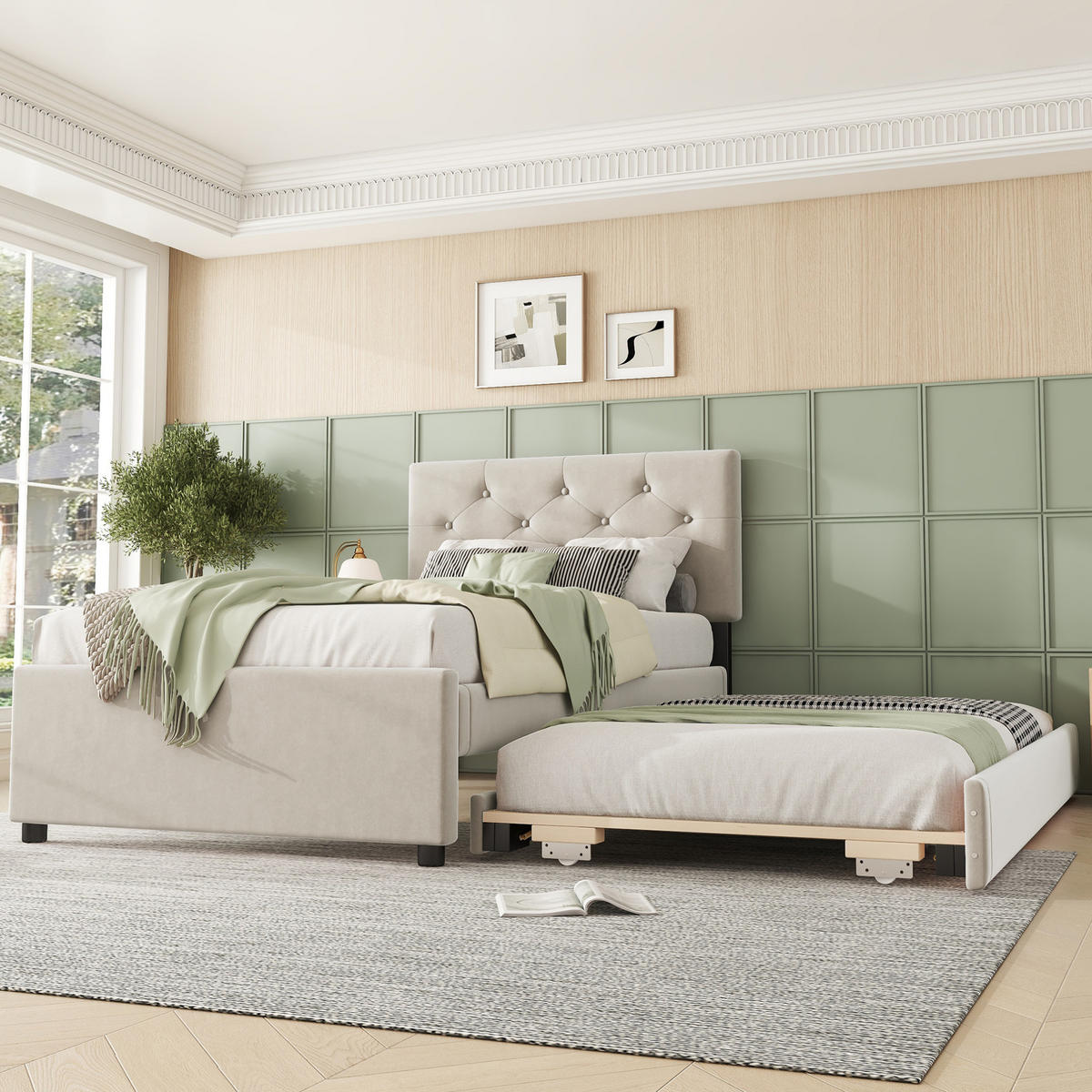 POLSTERBETT 90/200 cm Beige aus Samt mit Rollbett - Beige, Textil (90/200cm) - OKMYHOME