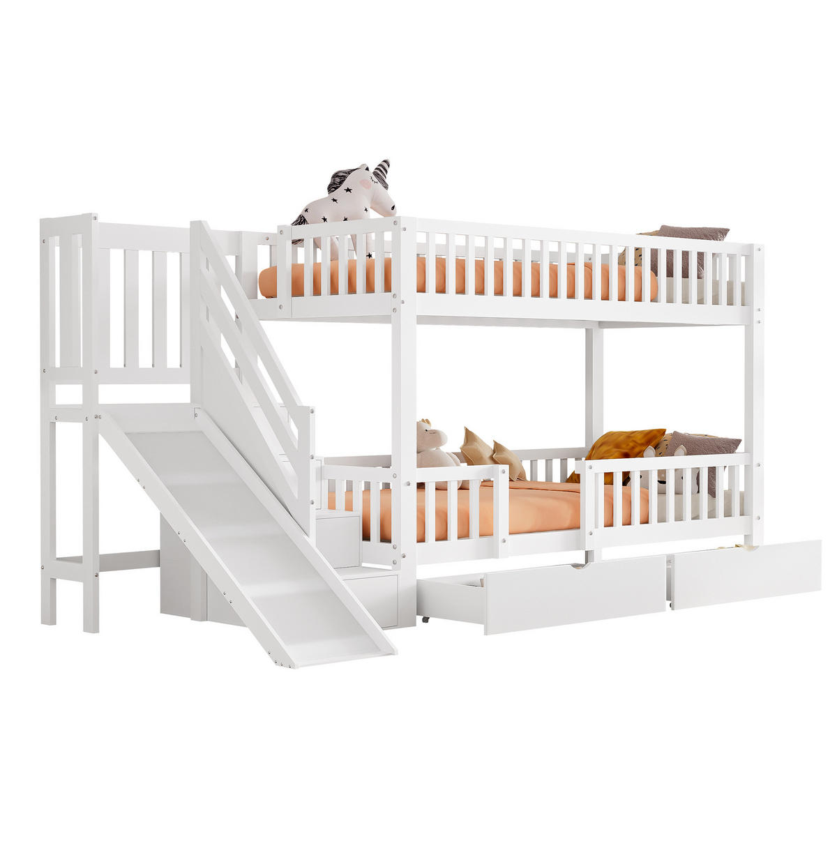 ETAGENBETT 90/200 cm Weiß aus Massivholz mit Rutsche, Treppe und 2 Schubladen - Weiß, Holz (90/200cm) - Flora Grace