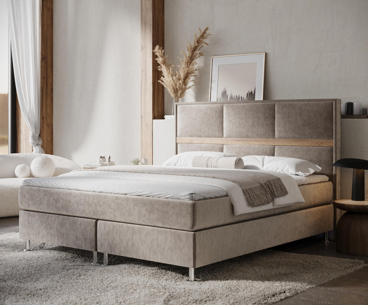 BOXSPRINGBETT Soto Taupe 200/200 cm mit Latex-Topper - Taupe/Silberfarben, Holz/Holzwerkstoff (200/200cm) - Maison de Reve