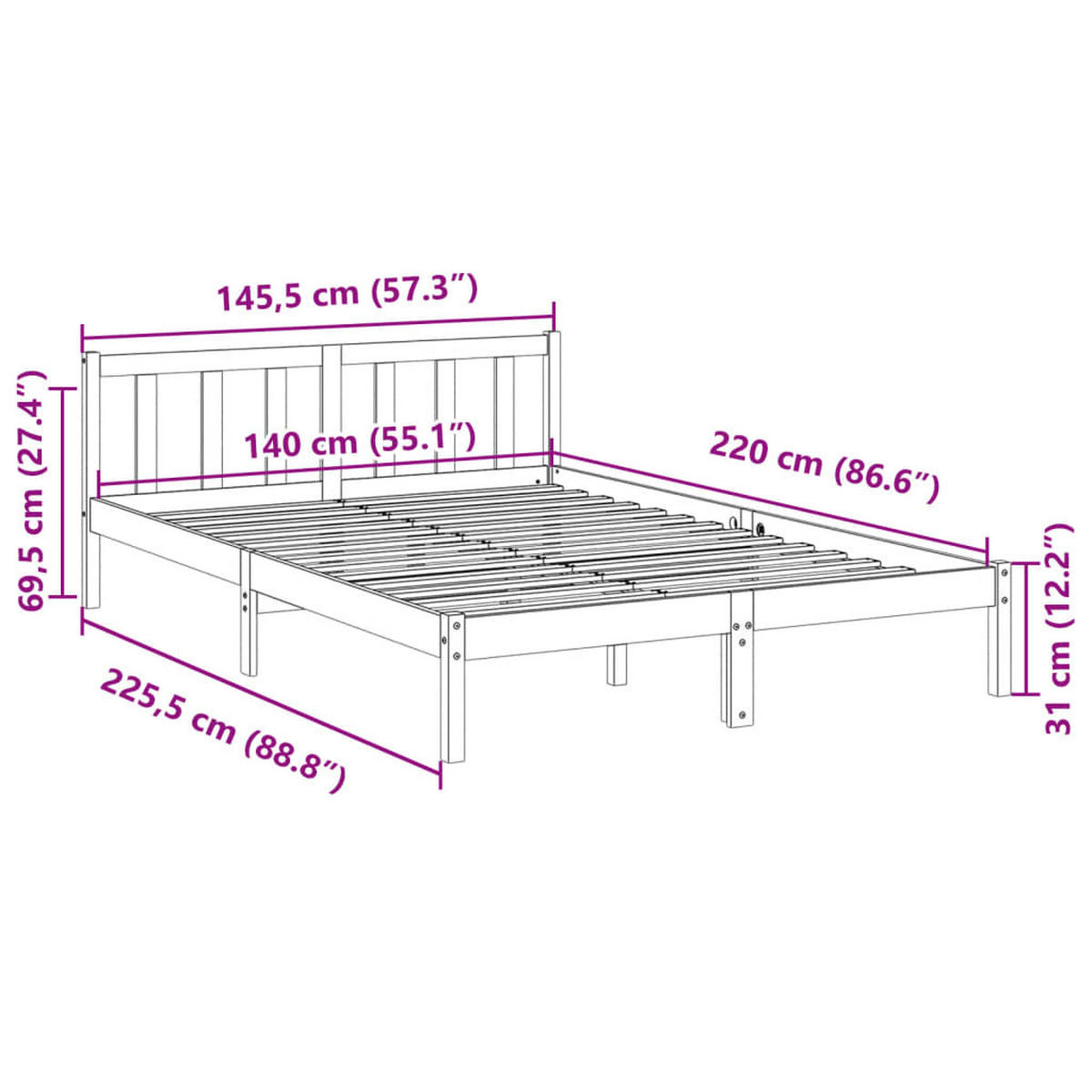 MASSIVHOLZBETT Extra Lang Ohne Matratze Weiss 140/220 Kieferholz - Weiß, Holz (140/220cm) - vidaXL