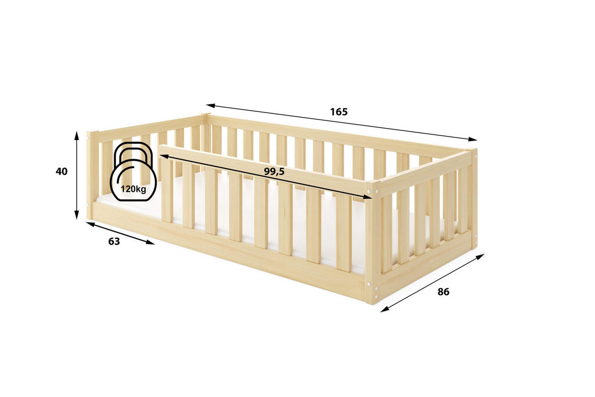 BODENBETT 160x80 cm in Pine Montessori Kinderbett aus Holz mit Rausfallschutz & Lattenrost BELLA - Naturfarben, Holz (80/160cm) - Interbeds