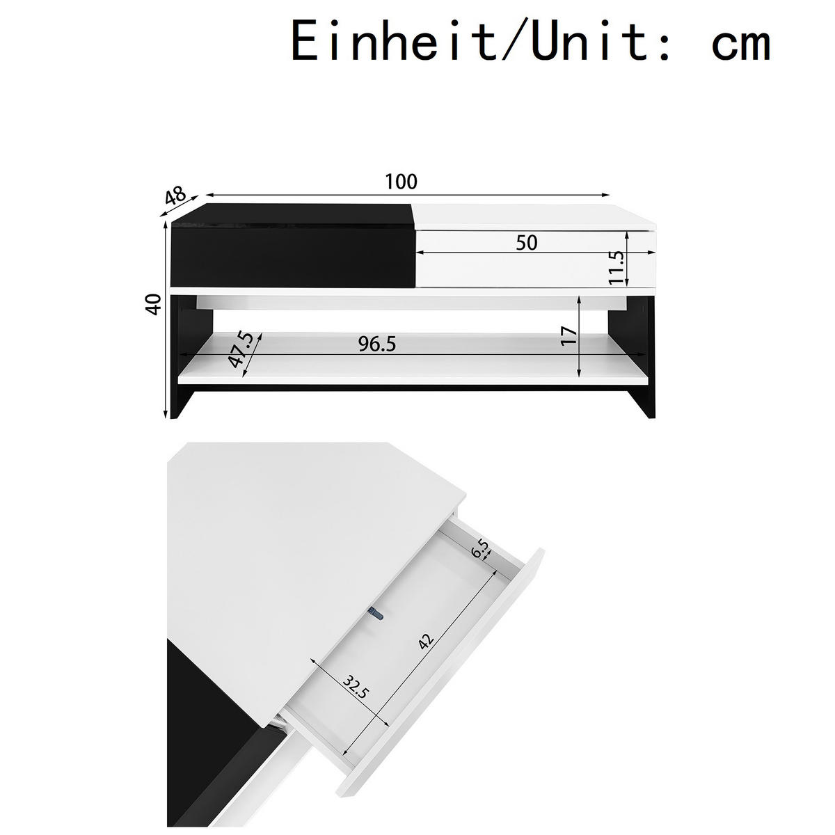 COUCHTISCH 100/48/40 cm schwarz-weiß mit 2 Schubladen und Hochglanz-Tischplatte - Schwarz, Holzwerkstoff (100/48/40cm) - OKWISH