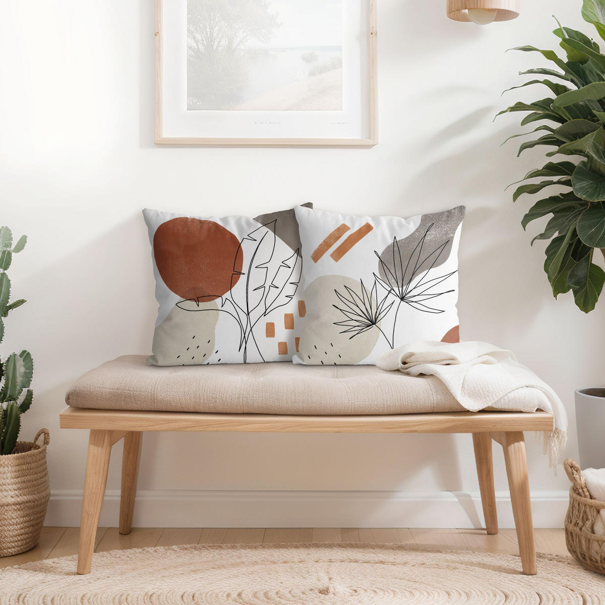 DEKOKISSEN 2er-Set Pflanzenblätter Lineart und Terracotta Farben Set 40/40 cm - Eichefarben, Textil (40/40cm) - Bilderwelten