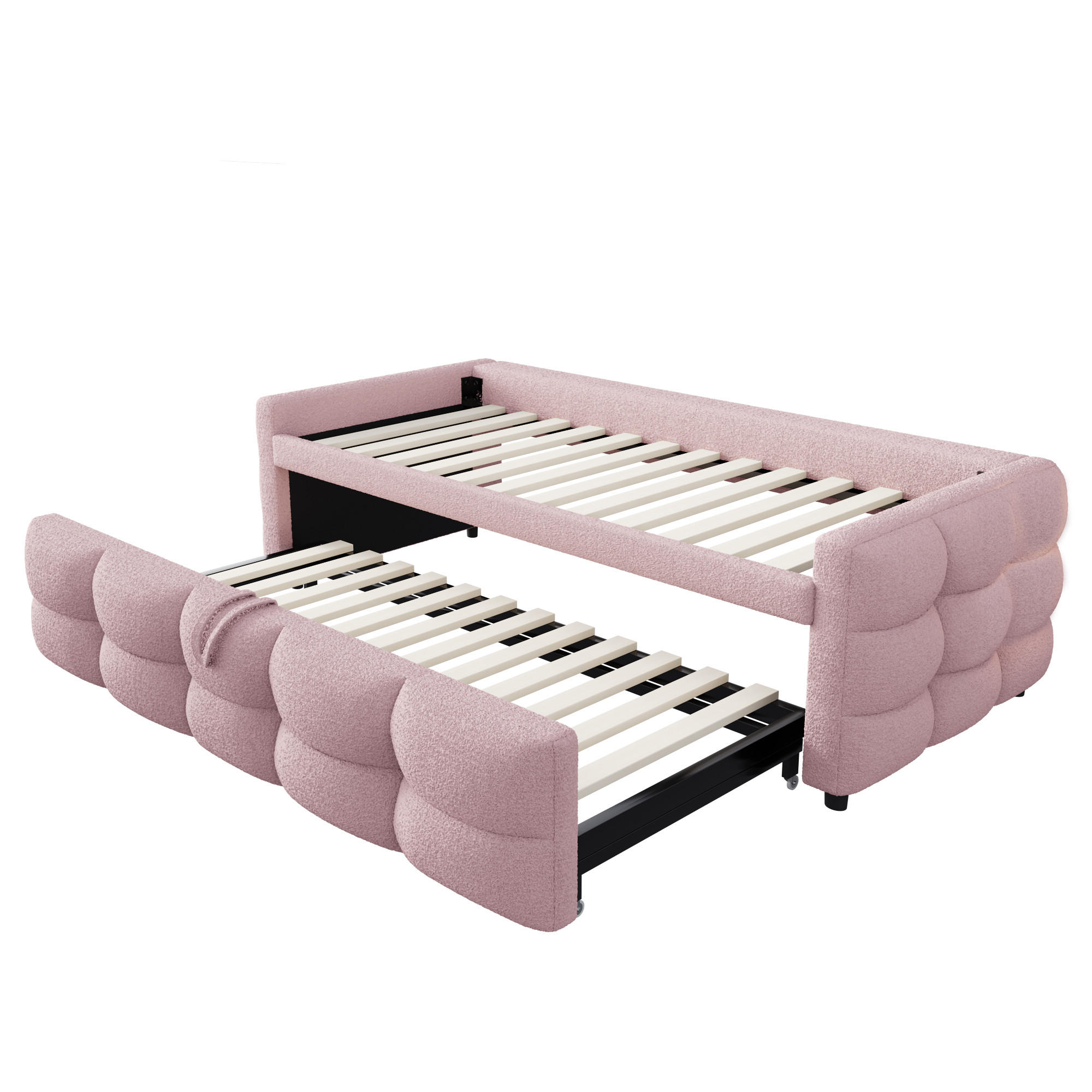AUSZIEHBETT 90/180/190 cm DE-01659, in Rosa, mit Teddy-Samt - Pink, Metall (90/190cm) - ComfortXL