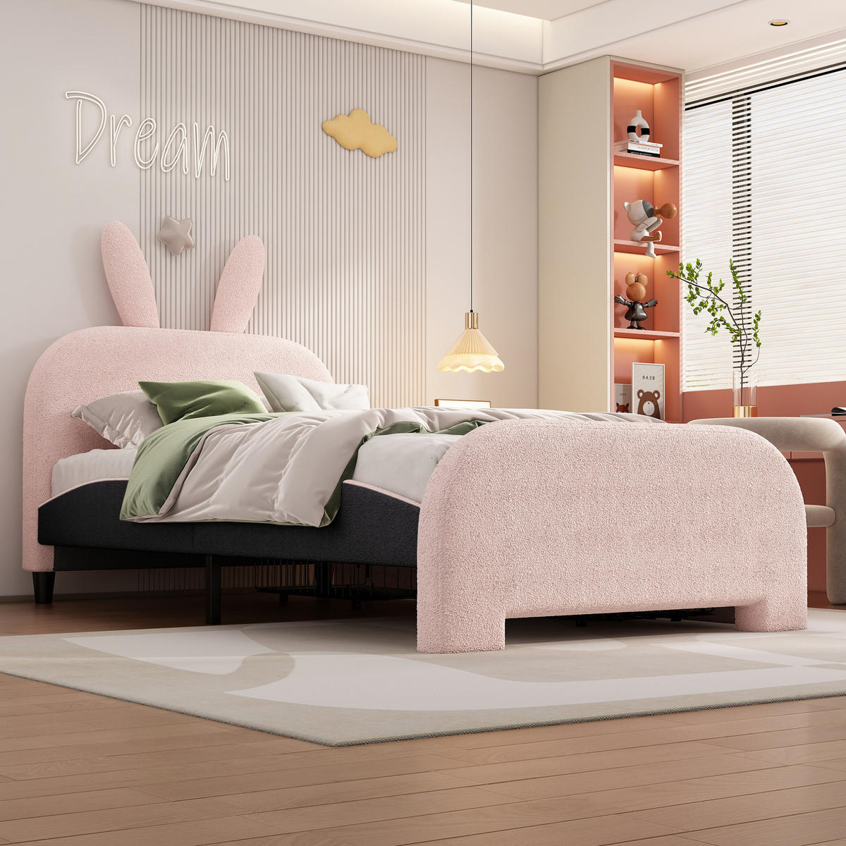 KINDEREINZELBETTEN aus Plüsch 90x200 cm in Rosa mit 2 Schubladen - Rosa, Textil (90/200cm) - Modfu