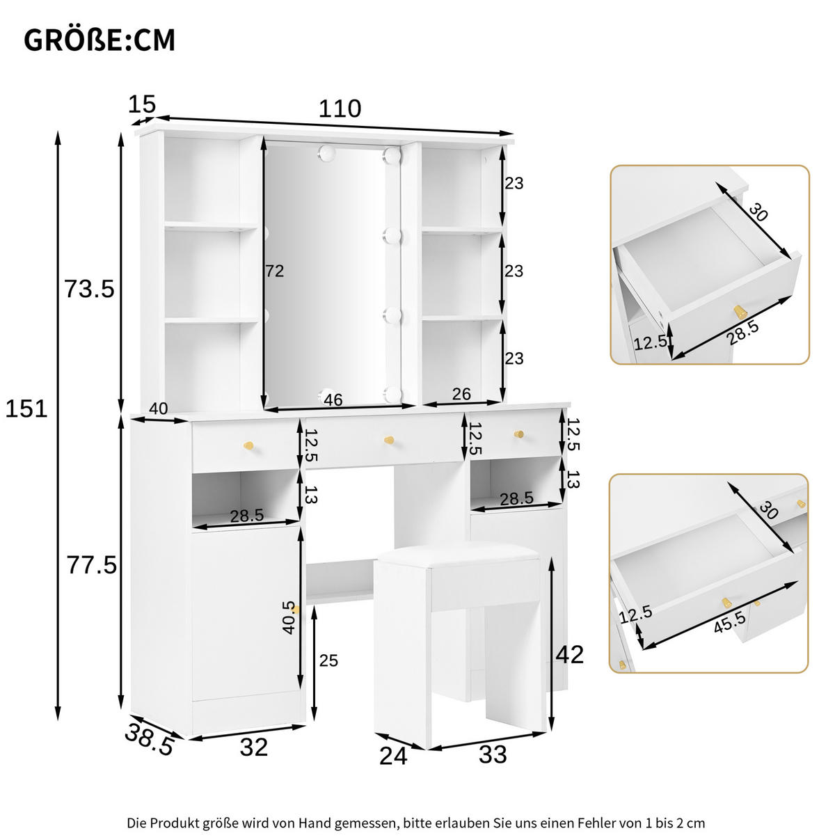 SCHMINKTISCH 110/40/151 cm in Weiß mit LED-Beleuchtung und viel Stauraum - Weiß, Holzwerkstoff (40/151/110cm) - Flora Grace