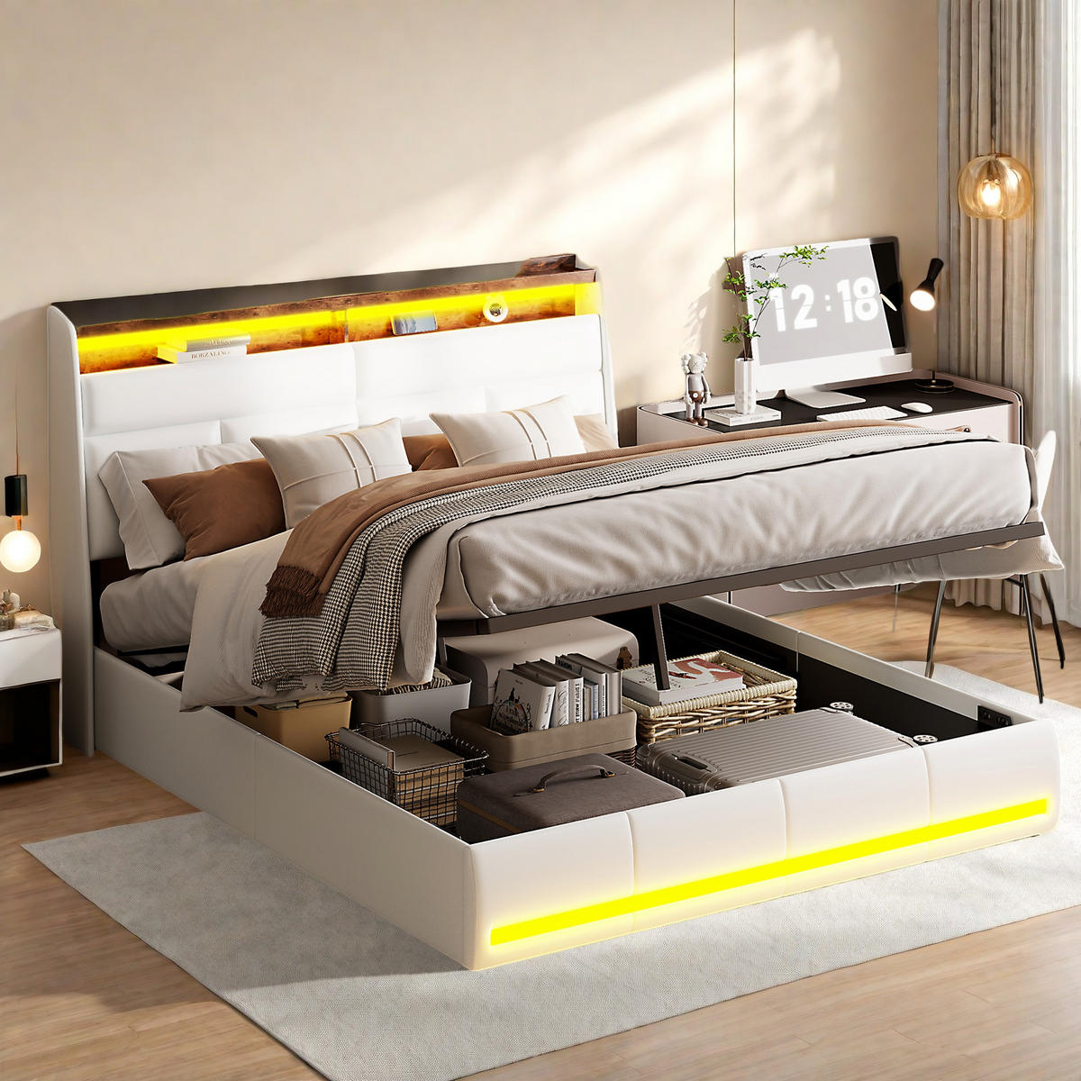 POLSTERBETT 140x200 cm Stauraum LED Lattenrost PU Leder weiß - Weiß, Holz (140/200cm) - LEBENLANG