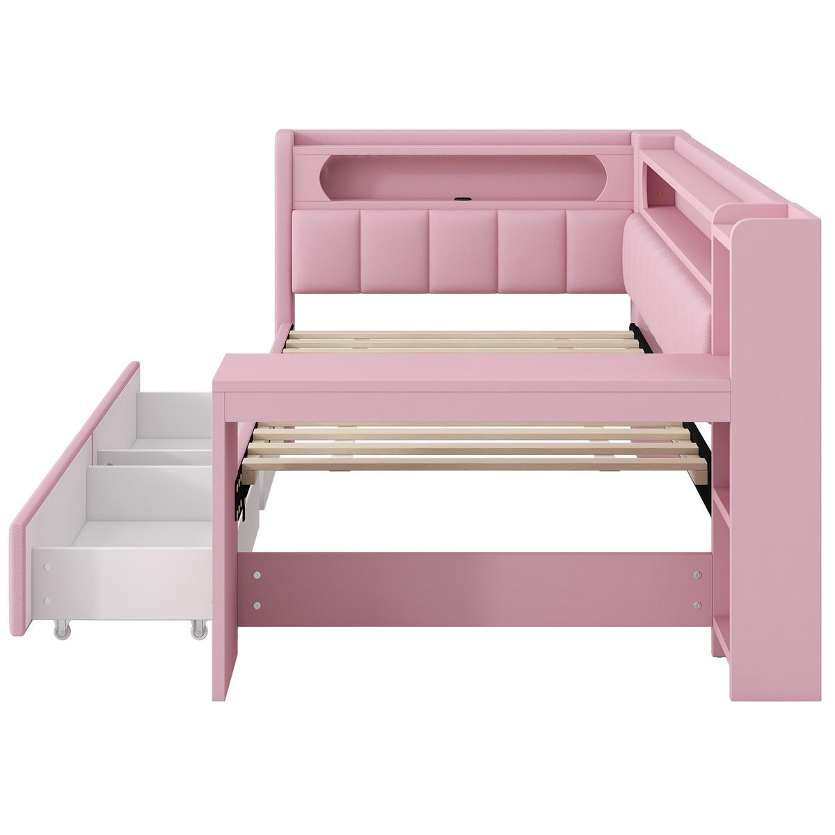POLSTERBETT 90/200 cm in Rosa mit LED-Beleuchtung, USB und 2 Schubladen - Rosa, Textil (90/200cm) - BEAOK