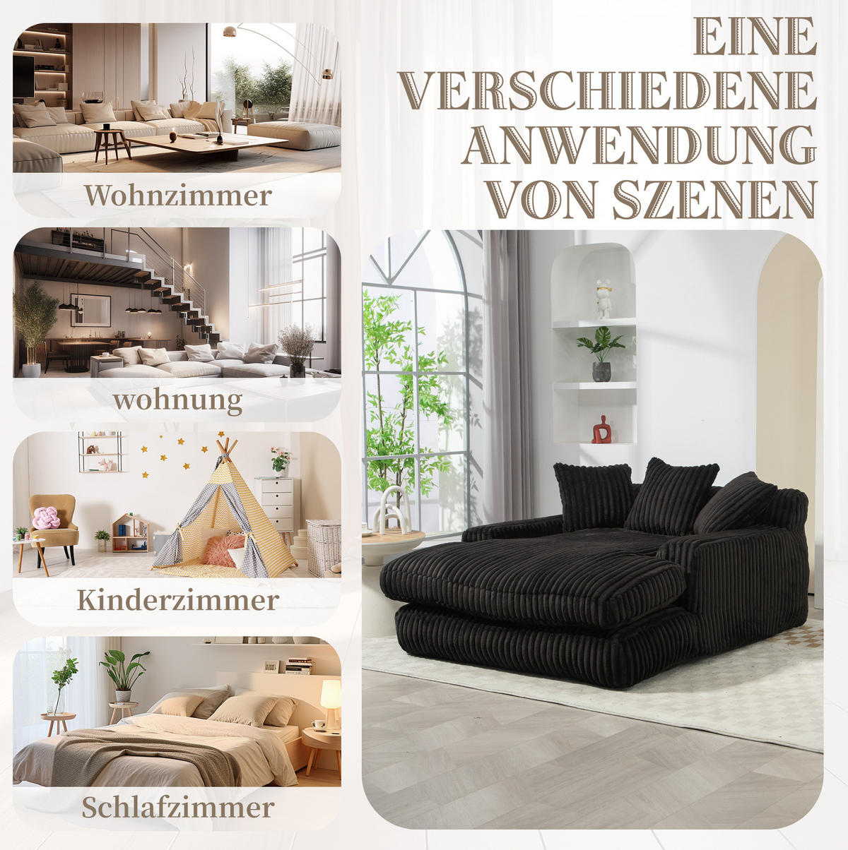 BIGSOFA Chaiselongue Cord mit 3 Kissen bodennah und ohne Montage 125/155/63 cm Schwarz - Schwarz, Textil (63/125/155cm) - Redom