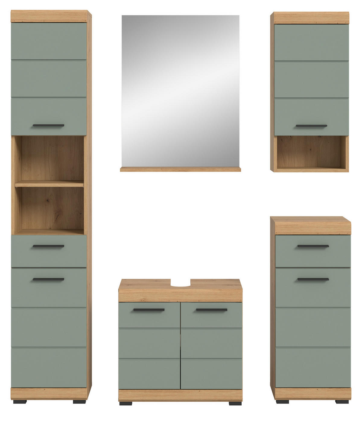 BADMÖBEL-SET Salbei grün, Eiche Artisan 5-teilig 164 cm, Komplettset mit viel Stauraum - Salbeigrün/Eiche Artisan, Glas/Holzwerkstoff (164/191/34cm) - Inn.Furn