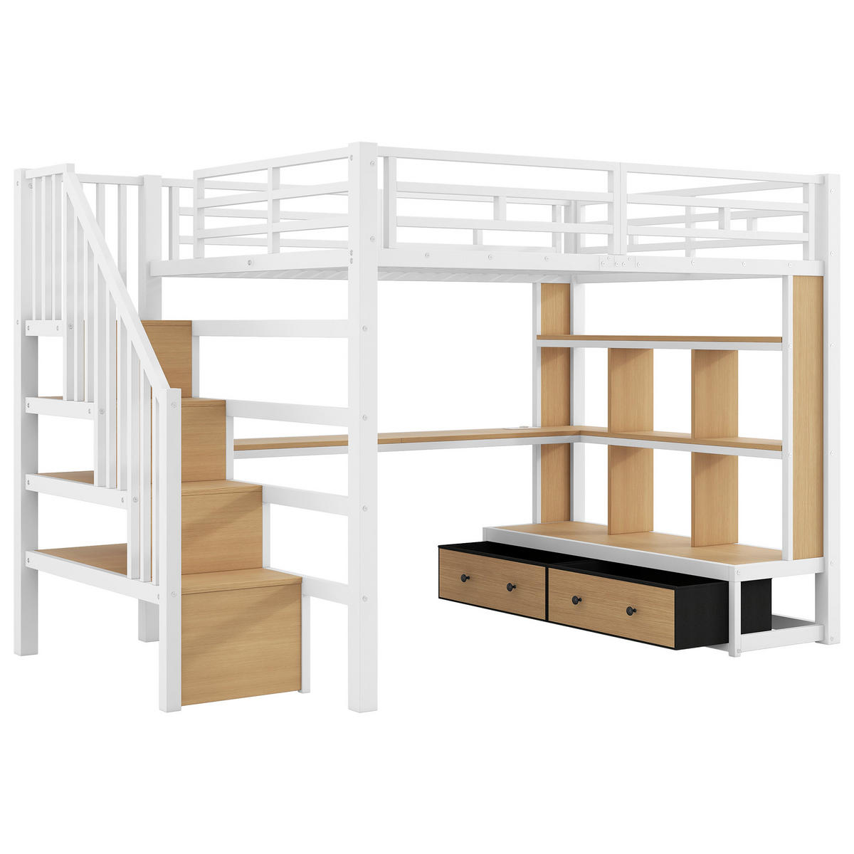HOCHBETT 140/200 cm in Weiß mit Schreibtisch, Regalen, Schubladen und LED aus MDF und Metall - Weiß, Holzwerkstoff/Metall (140/200cm) - CHICFURN
