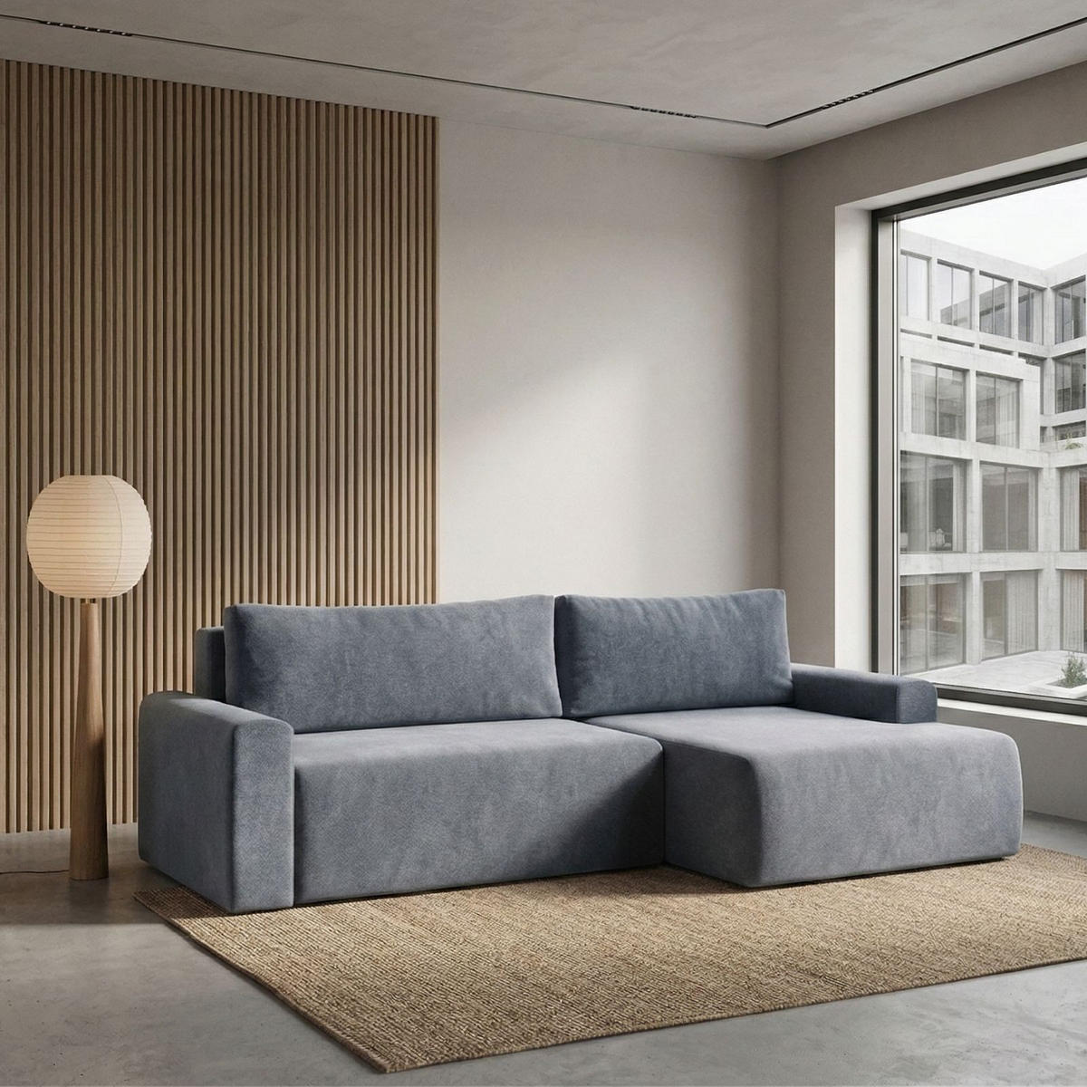 ECKSOFA MILO LARGE mit Schlaffunktion, Bettkasten und Cordbezug, Rechts - VIBE 95 - Dunkelgrau, Holz (270/142cm) - Dekori_Interiors