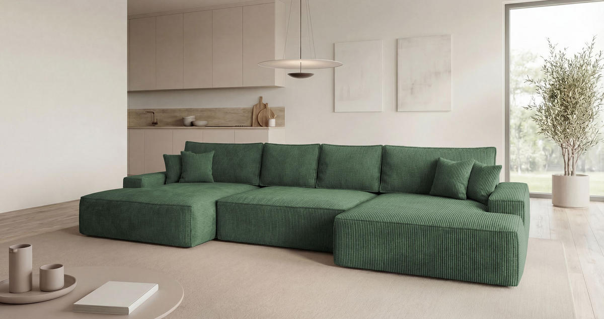 WOHNLANDSCHAFT VERONA U-Form grün Cord Poso 14 - Schlaffunktion, Bettkasten - Grün, Textil (385/86/185cm) - Cornero