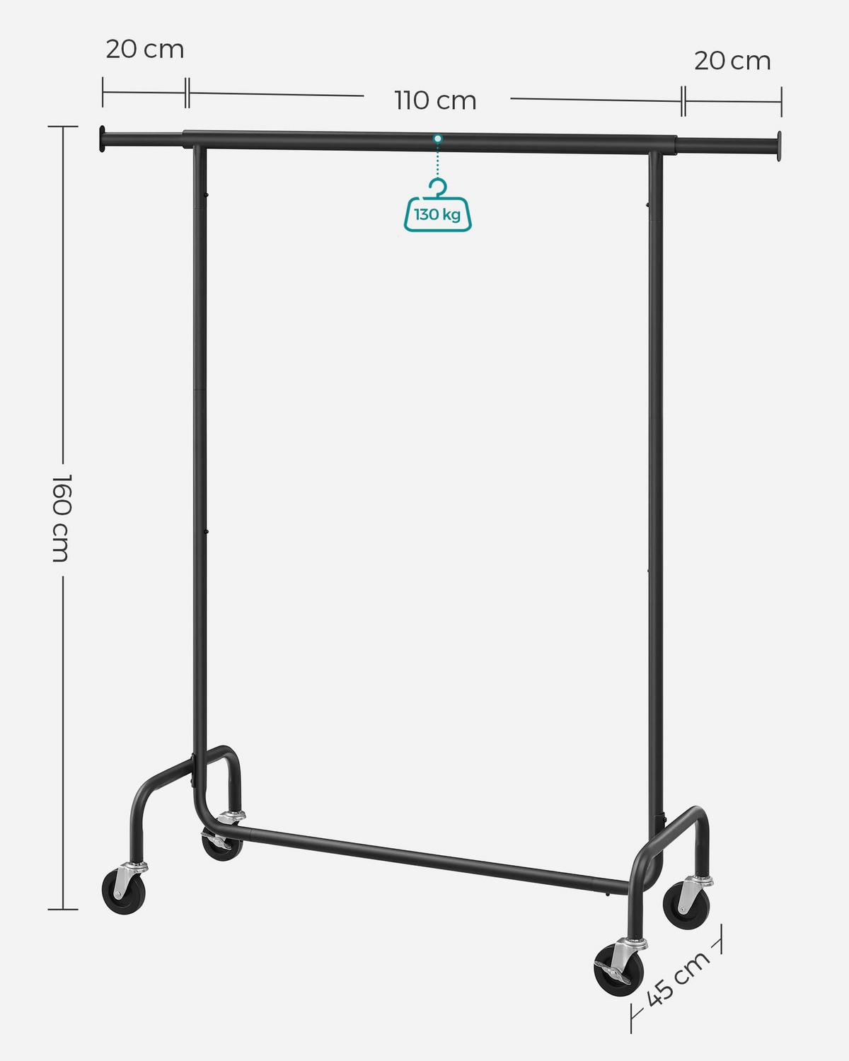 KLEIDERSTÄNDER auf Rolle - Schwarz, Metall (150/160/45cm) - A2A Home