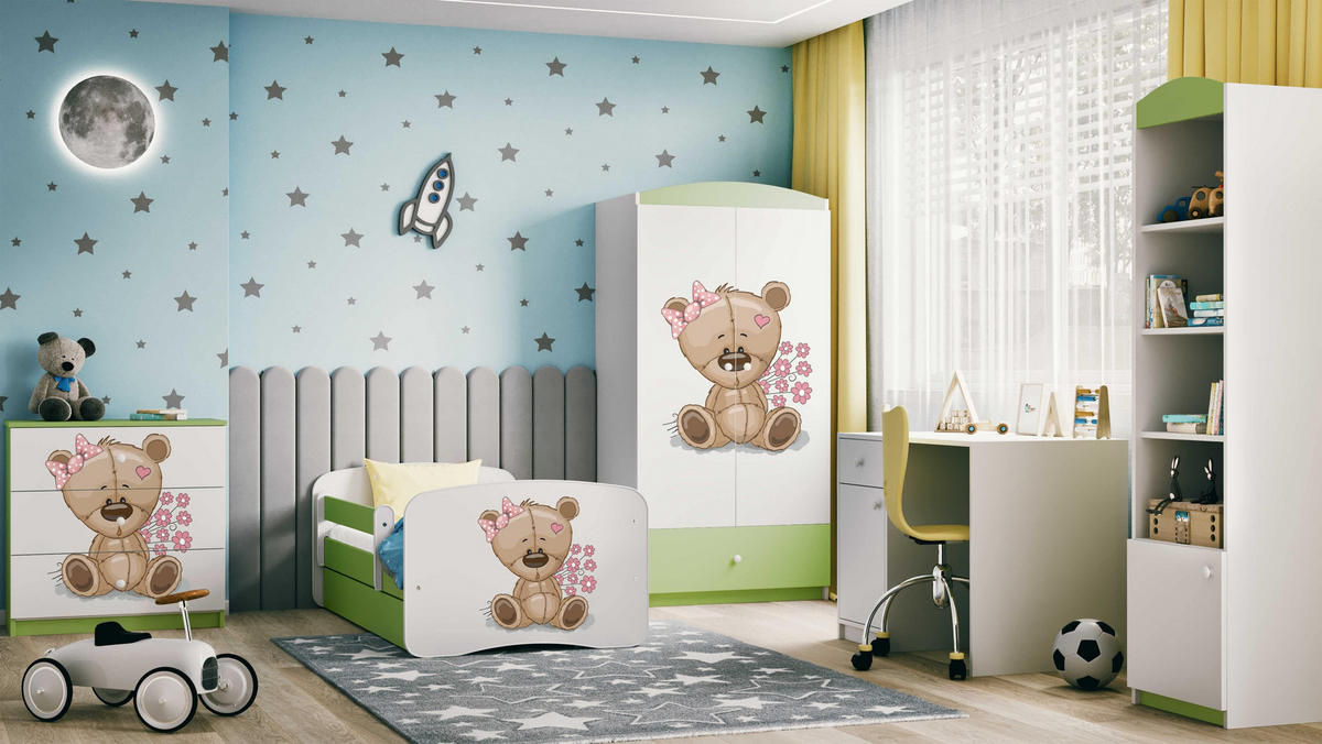 KINDERBETT Teddybärblumen mit Schublade und Matratze 180/80 - Grün, Holzwerkstoff (80/180cm) - RAUMHIRSCH FURNITURE