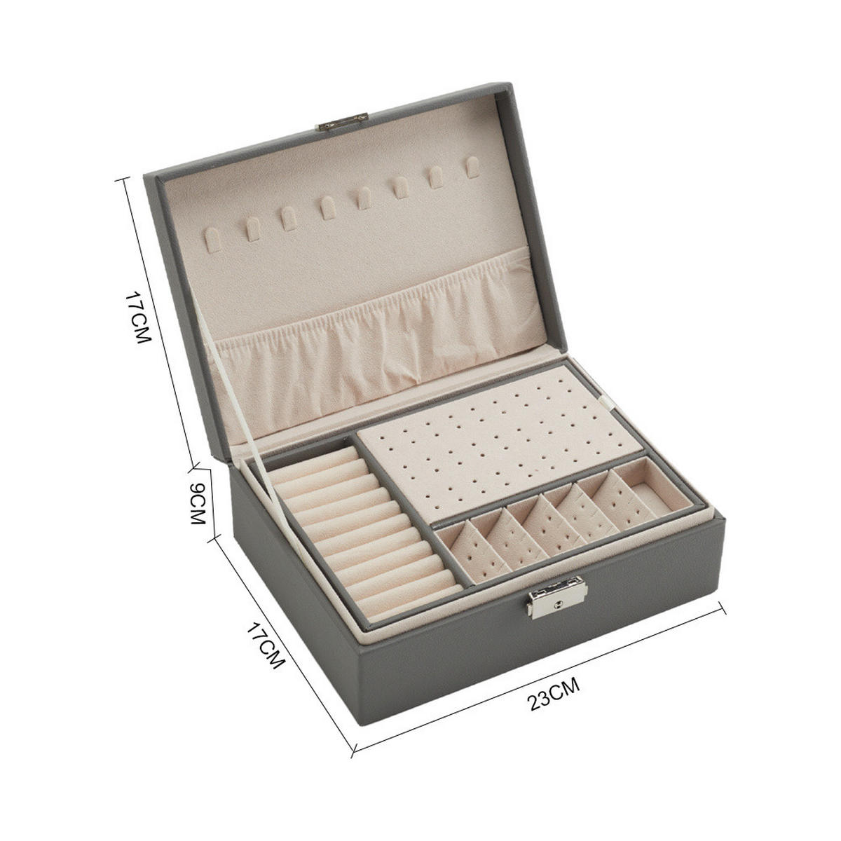 SCHMUCKKÄSTCHEN 23/17/9 cm Zweistöckig Schloss PU-Leder Samtfutter Grau - Grau, Leder/Textil (23/9/17cm) - Livingandhome