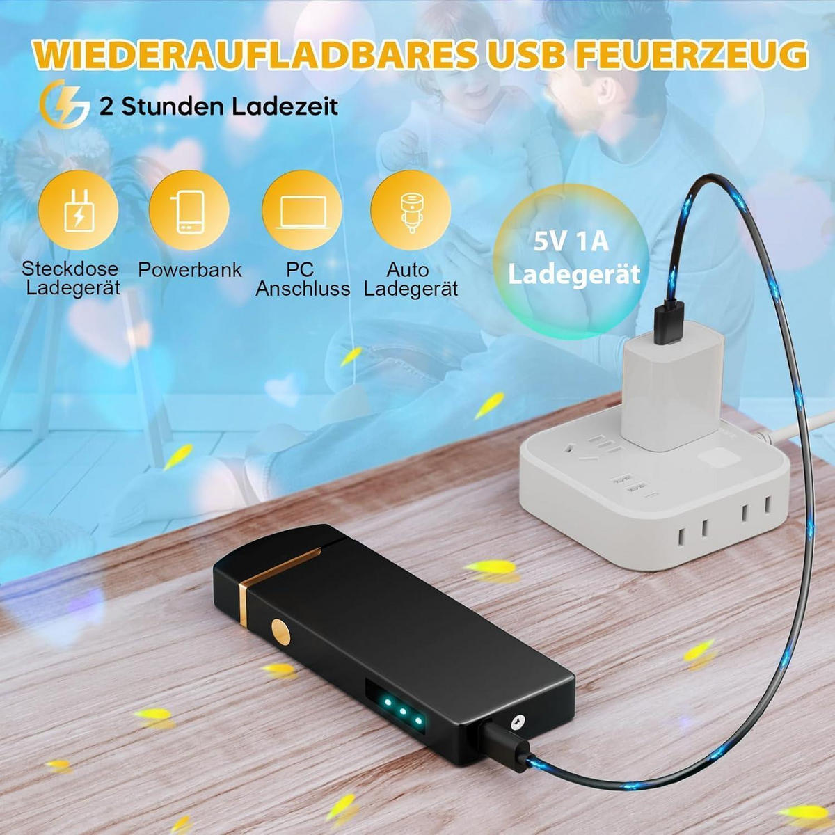 FEUERZEUG elektrisch USB aufladbar mit Batterieanzeige Schwarz - Schwarz, Metall (7.7/1.7/11.8cm)