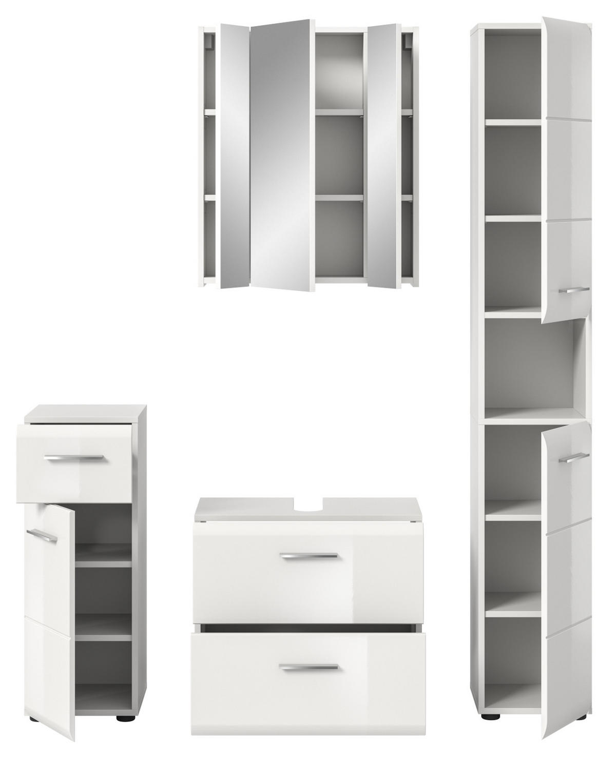 BADMÖBEL-SET 4-teilig in weiß Hochglanz Badkombination 150 x 185 cm Cover - Weiß Hochglanz/Silberfarben, Holzwerkstoff/Kunststoff (150/185/30cm) - Inn.Furn