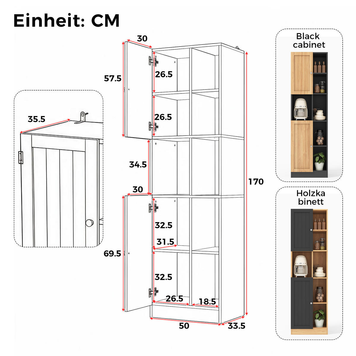 GESCHIRRSCHRANK Schwarz 50/35.5/170 - Schwarz, Holzwerkstoff (50/170/35.5cm)