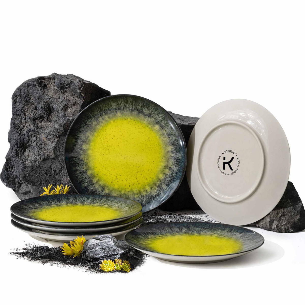 TELLER-SET LORENT 6-tlg Dessertteller Hartporzellan - Gelb/Dunkelblau, Keramik (20/1/20cm) - KONSIMO®