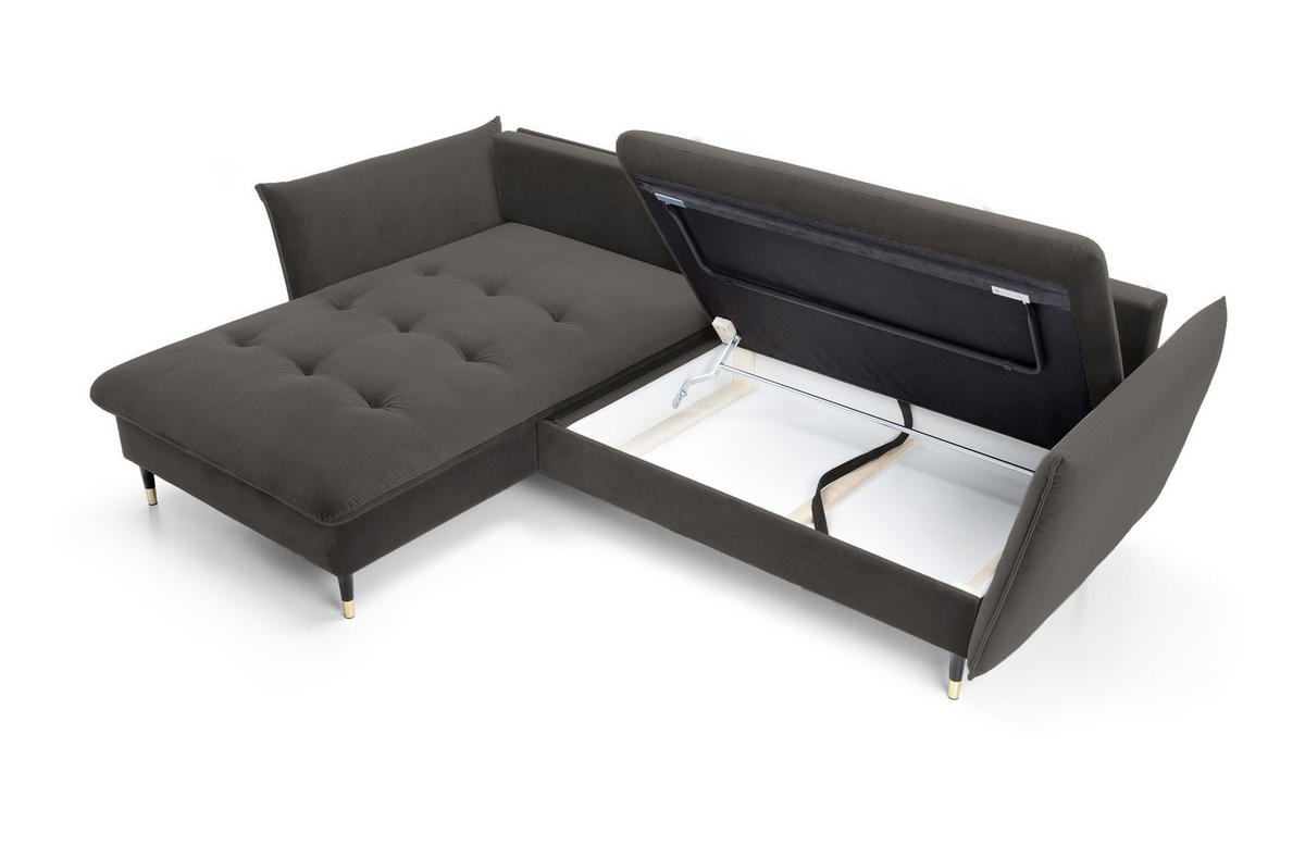 ECKSOFA GLAM mit Schlaffunktion, Ottomane & goldenen Füßen – Samtsofa im Glamour-Stil mit Zierkissen, 258x167x91cm, Linke, DUNKELGRAU - Dunkelgrau, Holz/Textil (167/258cm) - DomoHome