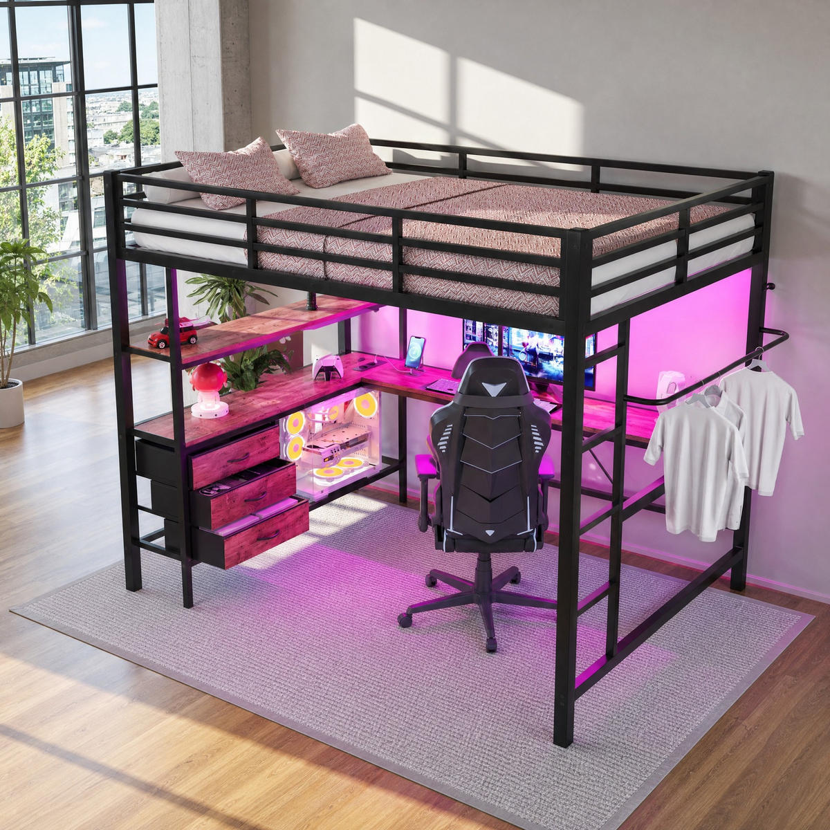 HOCHBETT 140/200 mit LED, Schreibtisch und USB-Anschluss in Schwarz - Schwarz, Holz/Metall (140/200cm) - EVRYAE