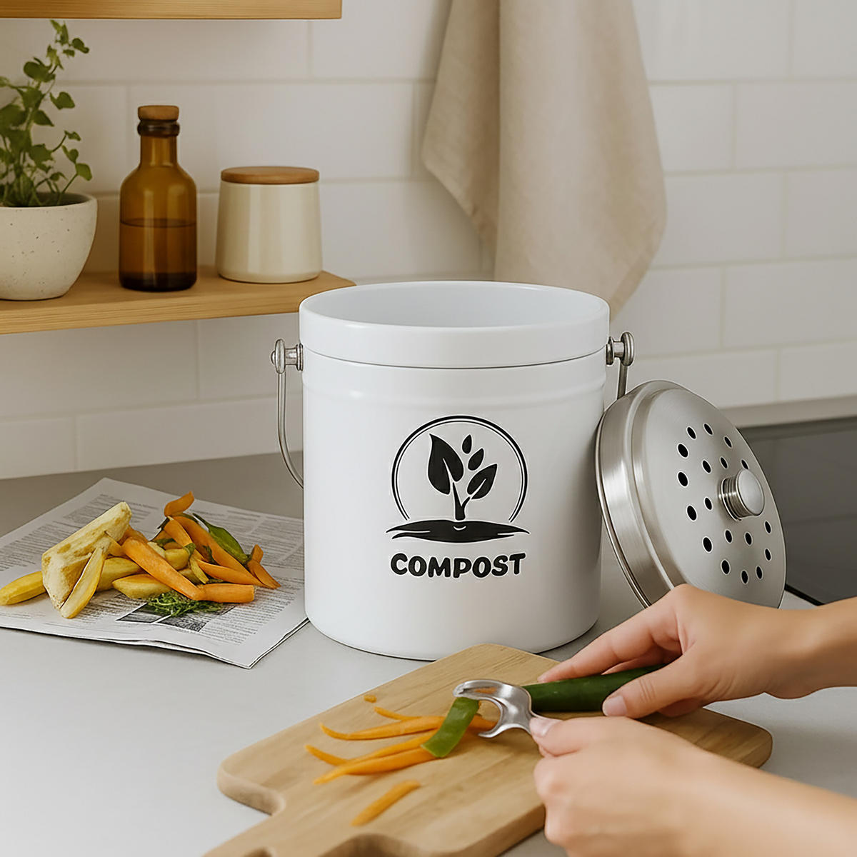 KOMPOSTÉR - biela, kov/textil (21/29/18.5cm) - Relaxdays