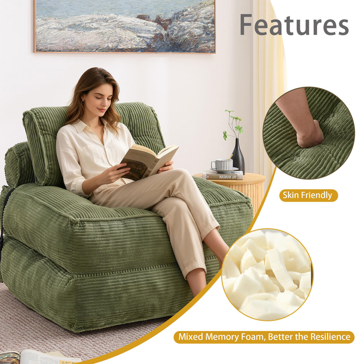 SCHLAFSESSEL 2-in-1 aus weichem Cord, klappbar als Loungesessel und Gästebett - Grün, Kunststoff (85/85/85cm) - Urban Meuble
