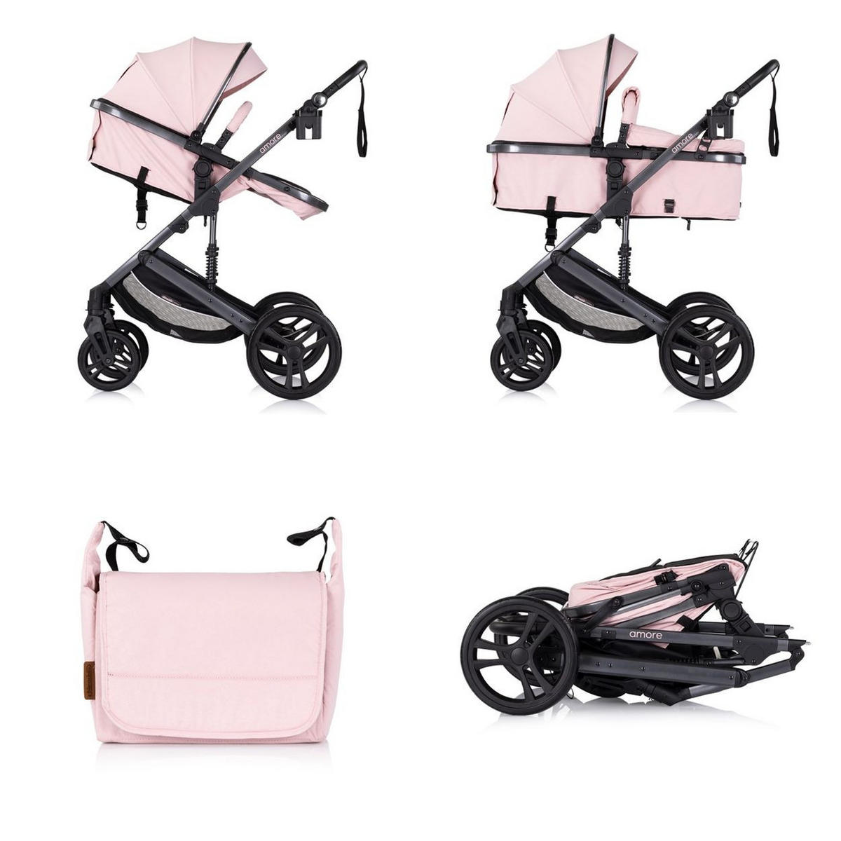 KOMBIKINDERWAGEN 2 in 1 Amore pink Getränkehalter Wickeltasche Fußabdeckung Korb - Rosa, Metall (95/63/105cm) - Chipolino