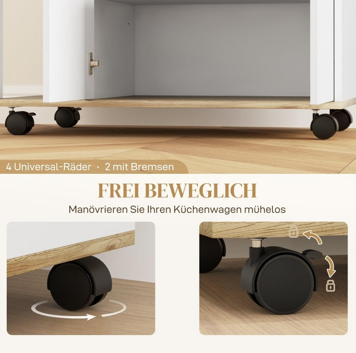 KÜCHENWAGEN 80/40/82 cm in Naturfarben/Weiß mit Rollen und Schrank - Weiß, Holz (80/82/40cm) - Flora Grace