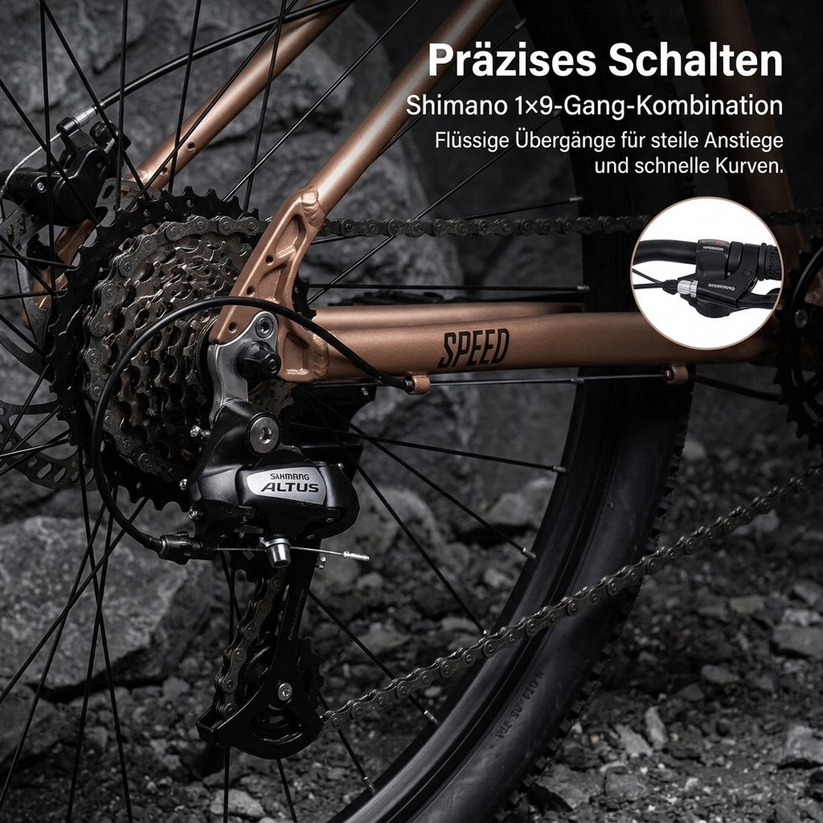 MOUNTAINBIKE 26 Zoll Braun – Hydraulische Scheibenbremsen – 1x9 Gangschaltung – Aluminiumlegierung - Braun, Metall (20cm) - Oxeza